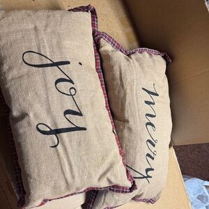 Holiday 'Merry' and 'Joy' Decorative Burlap Throw Pillows with Red Plaid Trim